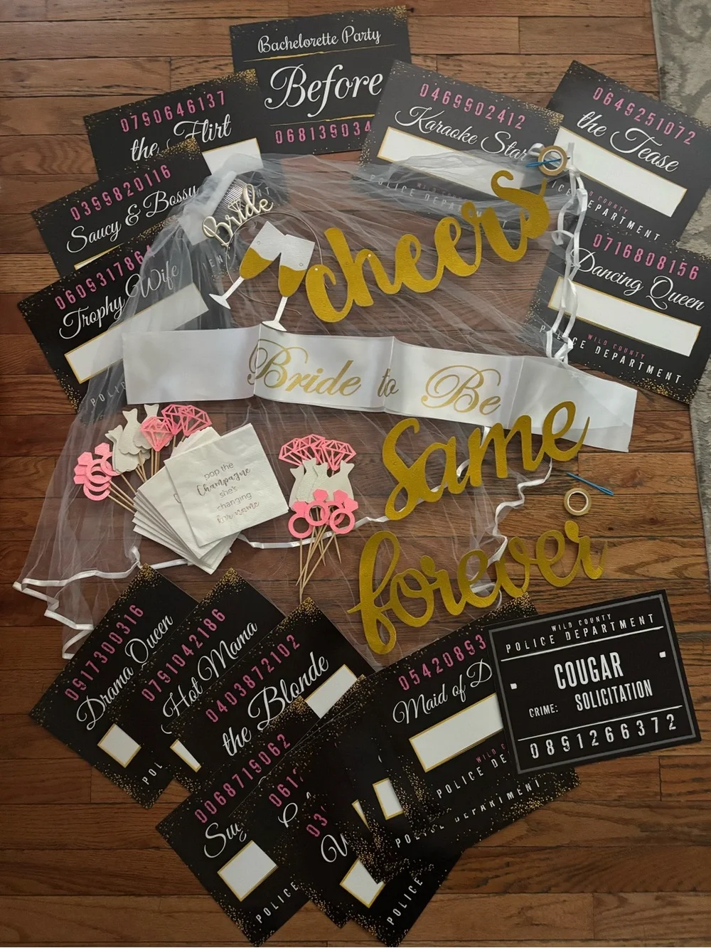 Bride to Be Bachelorette Party Sash and Decorative Signs - White and Gold